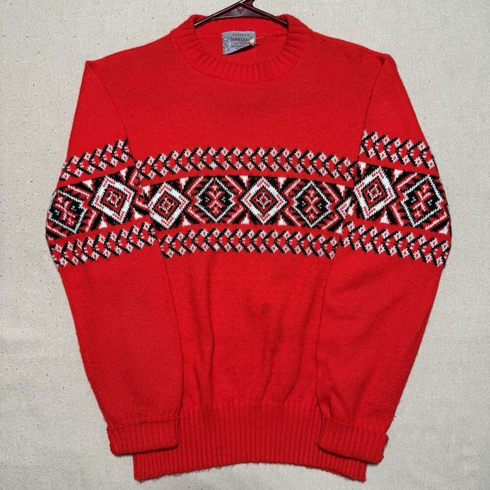 Vtg 50s 60s Fair Isle Sweater Penneys Towncraft Red Knit Skiwear Sz M Christmas
